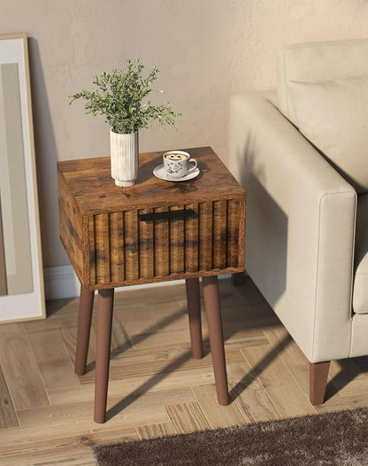 YMYNY Fluted Nightstand Set of 2, Small End Table, Modern Coffee Table with Drawer, Solid Wood Legs, Retaining Chain, 13.8" x 10.6" x 20.9", for Bedroom and Small Spaces, Rustic Brown UHST014H-2