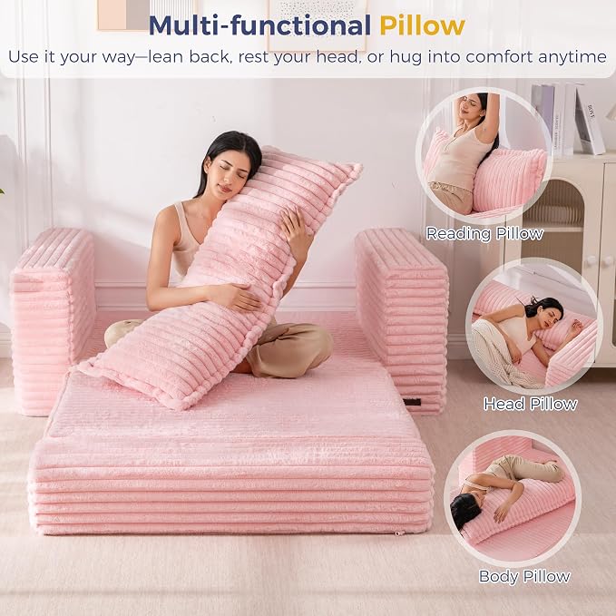 MAXYOYO Convertible Sofa Bed, 2 in 1 Folding Couch Bed for Small Space, Pull Out Loveseat Sofa Couch with Large Back Pillow, Plush Faux Fabric Lounge Couch for Living Room, Apartment, Pink