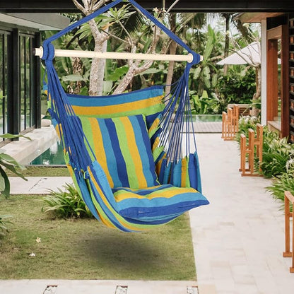Highwild Hammock Chair Hanging Rope Swing - Max 500 Lbs - 2 Cushions Included - Steel Spreader Bar with Anti-Slip Rings - for Any Indoor or Outdoor Spaces (Blue Striped)