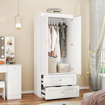 Wooden Wardrobe Closet with Doors: 75" Tall White Armoire Wardrobe Closet with 2 Drawers and 2 Doors, Modern Clothes Cabinets for Bedroom Armoires with Hanging Rod (2-Drawers, 31.5")