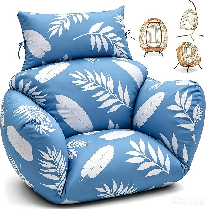 Waterproof Egg Chair Cushion Replacement 47x31.5x4.7 inch Thicken Hanging Egg Swing Chair Cushion Indoor Outdoor Wicker Rattan Hammock Basket Cushion with Headrest Pillow, Blue Leaf