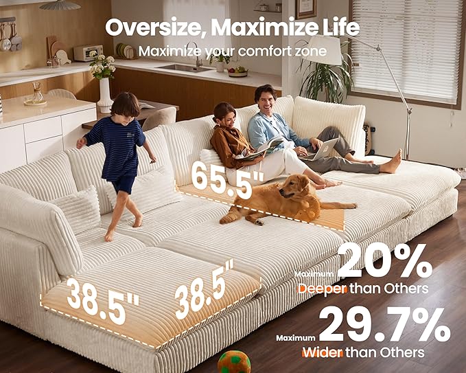 115" Oversized Corduroy Couch Modular Sectional Sofa, Washable Cloud Couch Sectional with 2 Ottoman, 5 Seater Sectional Couches for Living Room, Fully Cover Removable, U Shaped, Corduroy, White