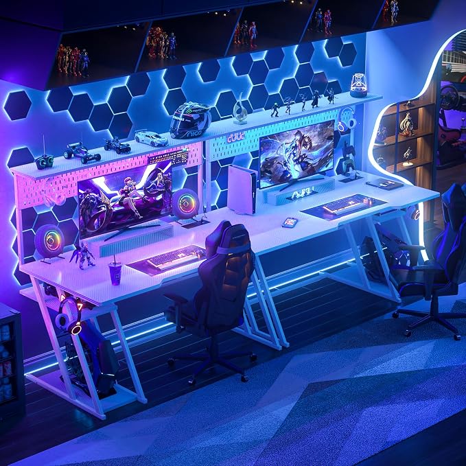 Armocity 53'' White Gaming Desk with Hutch and LED Lights, Gaming Computer Desk with Storage Shelves & Z-Shaped Legs, Reversible PC Game Desk with Pegboard for Bedroom, Carbon Fiber Surface