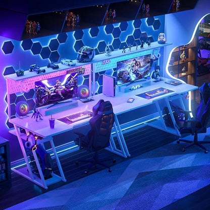 Armocity 53'' White Gaming Desk with Hutch and LED Lights, Gaming Computer Desk with Storage Shelves & Z-Shaped Legs, Reversible PC Game Desk with Pegboard for Bedroom, Carbon Fiber Surface