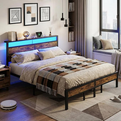 King Size Bed Frame with LED Lights & Charging Station, Brown Metal Platform Bed with Wood Headboard and Sturdy Slats, No Box Spring Needed