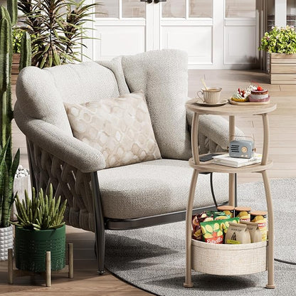 Side Table with Charging Station, Small Round End Table with Basket, USB and Type C Port, 3 Tiers Sofa Couch Table Bedside Table for Living Room Bedroom, Small Spaces, 11.81in Light Oak