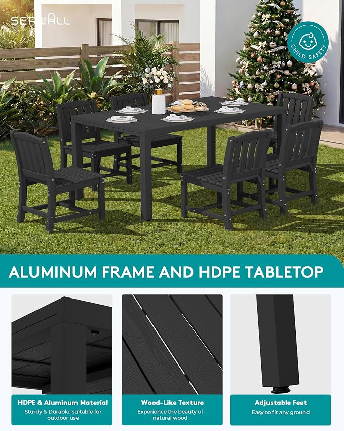 SERWALL 10-Piece Patio Dining Sets with 15FT Patio Umbrella, Black | 60" - 83" Expandable Outdoor Dining Table and 8 HDPE Chairs, All Weather HDPE Outdoor Furniture Set