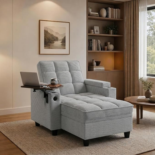 Convertible Sleeper Chair, Pull Out Sofa Bed with Adjustable Backrest & Hidden Storage Armrest, Single Sofa Recliner with USB Charging Port & Cup Holders for Living Room, Bedroom, Gray