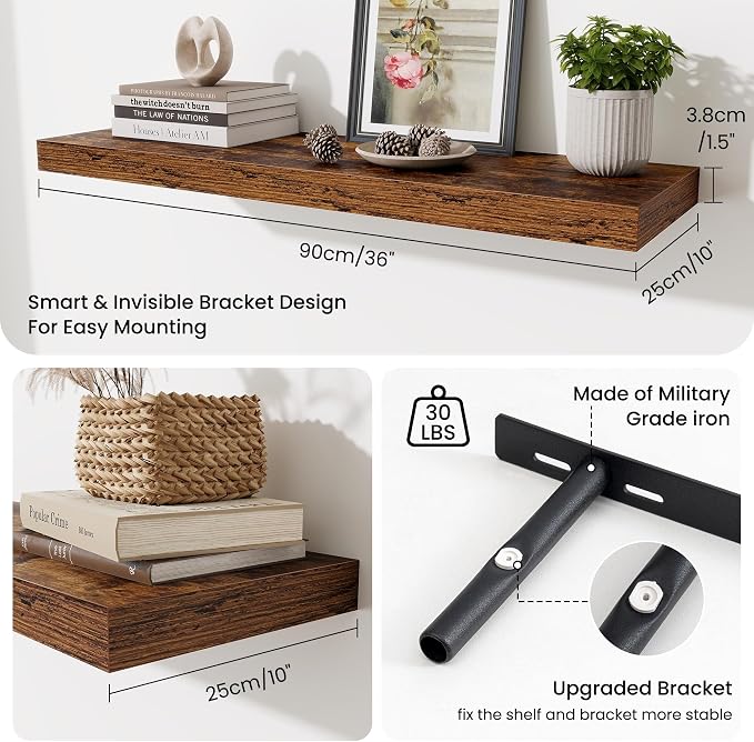 Fun Memories Floating Shelves for Wall 36 Inches, Wood Shelves with Invisible Bracket, 10" Deep Shelves Wall Mounted, Large Floating Shelves for Living Room Bathroom, Rustic Brown, Set of 3