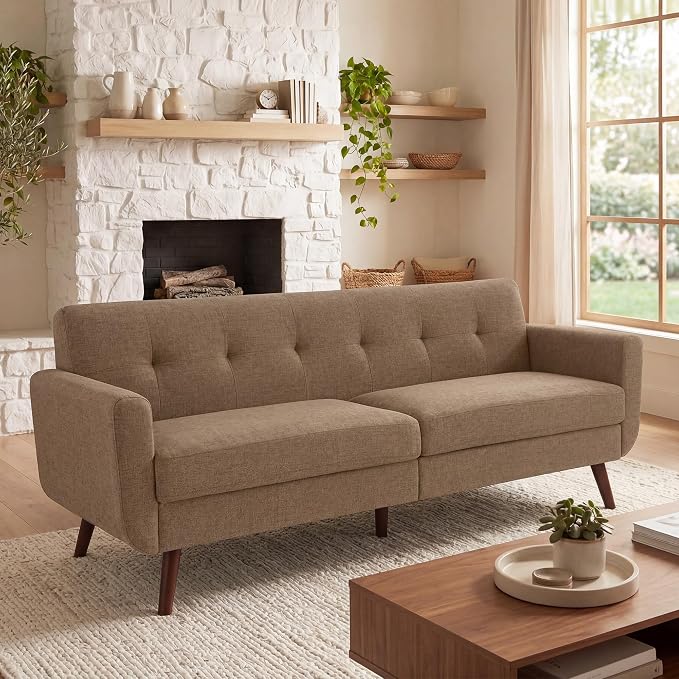 Tbfit 77.2" W Linen Sofa Couch, Mid Century Modern Decor Loveseat Couches for Living Room, Button Tufted Upholstered Small Couch for Bedroom, Solid, and Easy to Install Love Seats Furniture, Brown