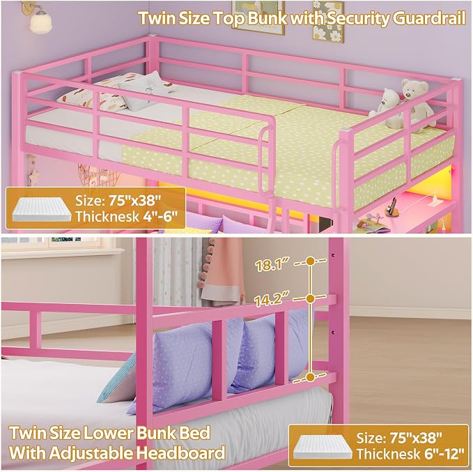 busyaeh Bunk Bed Twin Over Twin 8 Drawer & 4 Shelve, 15" H Safety Guardrail | bunk Bed with Desk, Low bunk bed with LED Lights & Charging Station,L-Shaped Bunk Beds with Stairs,Girls bunk bed,Pink
