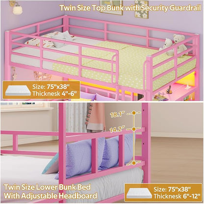 busyaeh Bunk Bed Twin Over Twin 8 Drawer & 4 Shelve, 15" H Safety Guardrail | bunk Bed with Desk, Low bunk bed with LED Lights & Charging Station,L-Shaped Bunk Beds with Stairs,Girls bunk bed,Pink