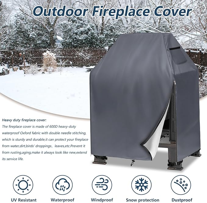 Outdoor Fireplace Cover,Heavy Duty 600D Waterproof Wood Burning Fireplace Cover,Square Chiminea Fireplace Covers 32" L x 24" W x 45" H,Grey