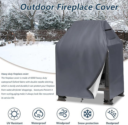 Outdoor Fireplace Cover,Heavy Duty 600D Waterproof Wood Burning Fireplace Cover,Square Chiminea Fireplace Covers 32" L x 24" W x 45" H,Grey