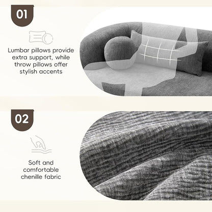 86" Curved Cloud Couch, Curved Sofa,Boneless Couch, Upholstered Sofa with Pillows, No Assembly Need,Chenille with High-Density Foam, 3-Seater Luxury Modern Compressed Sofa,Gray