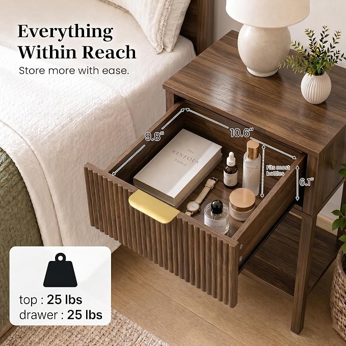 Dark Walnut 15" Wide Small Nightstand with Drawer, Open Shelf, Fluted | Deep wood tone, ribbed fluted front, 11.8-inch slim depth, concealed storage, styled for bedside, sofa side, or chair side