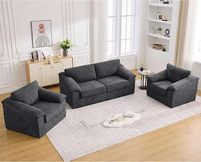 Boneless Couch Sets, Modern Loveseat Sofa with 2 Accent Sofa Chairs, Floor Cloud Couch Sets with Extra Comfy Soft Deep Seats for Living Room, Apartment, No Assemby, Set of 3, Dark Gray