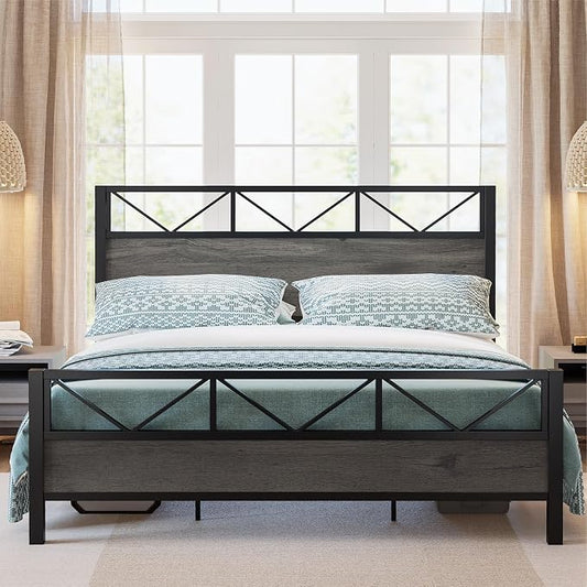 LIKIMIO California King Bed Frame, Tall Industrial Headboard 51.1 ", Platform Bed Frame with Strong Metal Support, Solid and Stable, Noise Free, No Box Spring Needed, Easy Assembly, Charcoal Grey