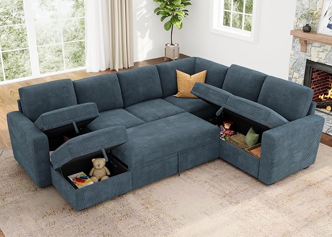 HONBAY Modular Sectional Sleeper Sofa, Corduroy Sleeper Pull-Out Bed Couch with Storage, U Shaped Sectional Couches for Living Room, Blue