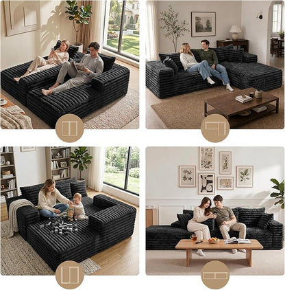2" Corduroy Boneless Couches for Living Room, L Shape Sofa with Chaise | 102.4" Modular Sectional Sofa, Cloud Couch Sectional with Deep Seat, No Assembly, Black, Right Chaise