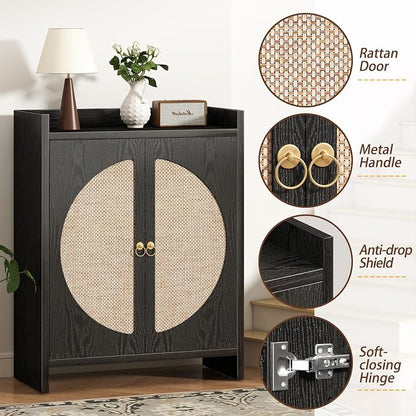 Shoe Cabinet Storage for Entryway - Rattan Entry Way Shoe Storage Cabinet with Adjustable Shelves, Wood Shoe Organizer Cabinet, Accent Cabinet with Doors for Entrance Hallway Living Room Foyer