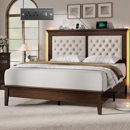 Lifezone Solid Wood Queen Size Bed Frame 41.5” Tall Diamond-Tufted Upholstered Headboard, American Classic Flat-Top Bed, Stable Structure, Wood Slats Support, Noise-Free, No Box Spring Needed, Walnut