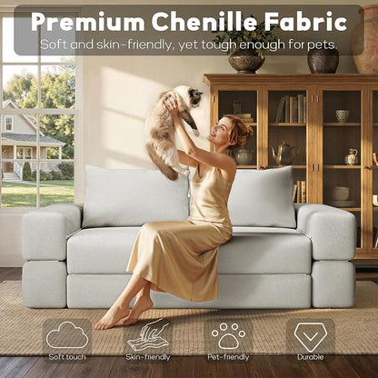 75'' Folding Convertible Sofa Bed with Large Pillow, 4-in-1 Foldable Pull Out Futon Sofa Bed, Chenille Boneless Mattress Couch, No Assembly Floor Sleeper Sofa Bed for Living Room/Bedroom, Cool Gray