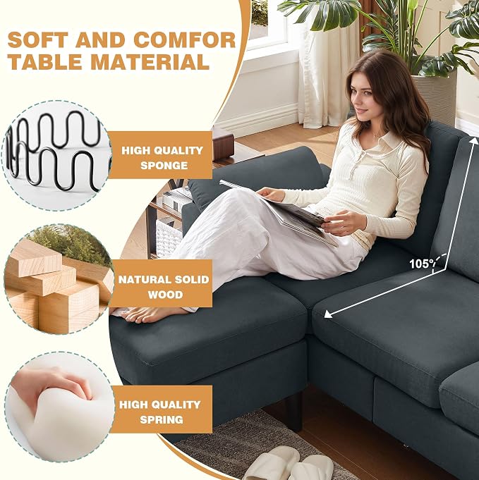 80" Convertible Sectional Sofa Set, Modern Linen Small L Shaped Couch with Reversible Chaise and Loveseat Sofa, 3-Seat Sofa Couches for Living Room, Office, Apartment, Dark Grey