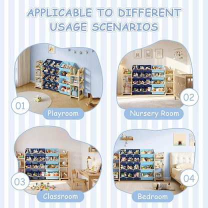 EXPERLAM Extra Large Toy Storage - Toy Storage Organizer, Wooden Toy Organizer with 6 Side Shelves and 16 Bins, 3-in-1 Bookshelf for Kids Rooms, Playroom, Nursery, Blue