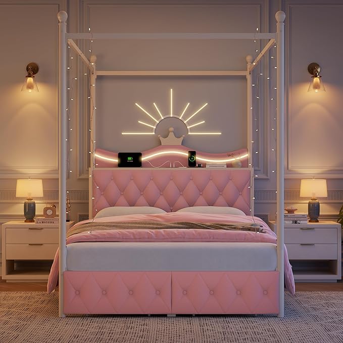 Keyluv Queen Size Upholstered LED Canopy Bed Frame with Charging Station and Drawer, Button Tufted Crown Headboard with Storage Shelf, Two-Purpose Removable Four Poster Design Platform Bed, Pink
