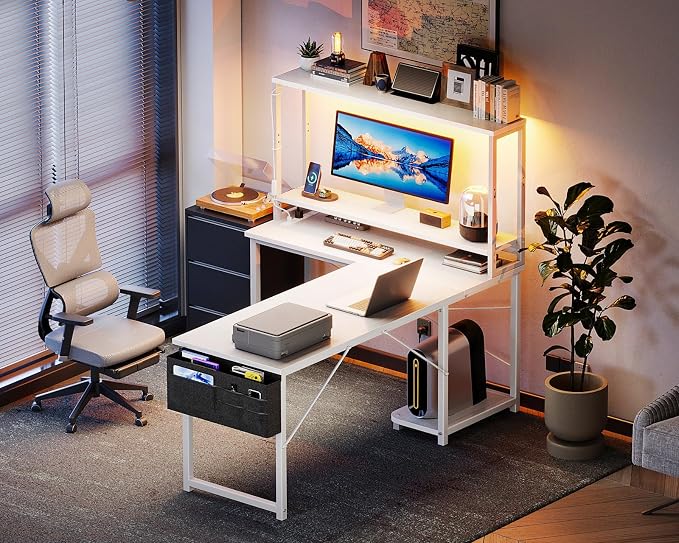 AODK L Shaped Desk Gaming Desk with LED Light & Power Outlet, 53 Inch Reversible L Shaped Computer Table with Shelf, Corner Desk with Storage Bag&Hook for Home Office Desk, White