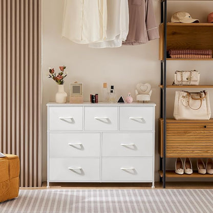 Sweetcrispy 7 Drawer Dresser Storage Organizer with Fabric Bins, White | Sturdy Steel Frame and Wood Top, Easy Pull Handles, for Bedroom Closet Hallway Entryway