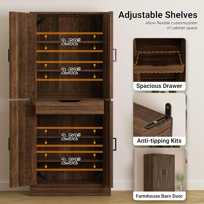 Unikito 71" Tall Kitchen Pantry Cabinet with Farmhouse Barn Doors and Storage Drawer, 8 Adjustable Shelves, Freestanding Cupboard for Dining Room, Living Room, Utility Room, Weathered Brown 2 Pack