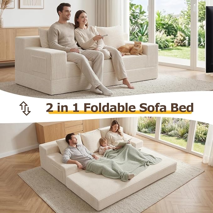 cidludto Convertible Sofa Bed, 78" Oversized Boneless Loveseat Couch 2 in 1 Foldable Futn Bed Couch in A Box, Folding Sofa Chair for Living Room, No Assembly Required, Beige