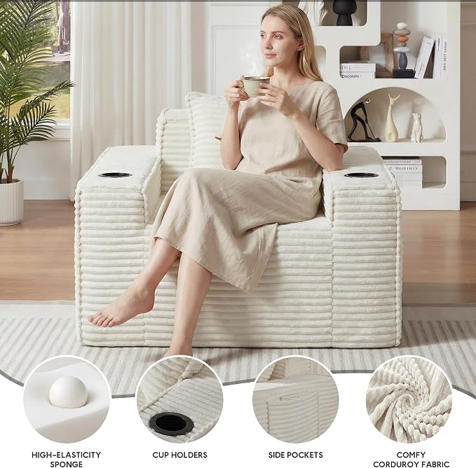 Boneless Sofa Couch with Cup Holders & Side Pockets, Modern Corduroy Fabric Deep Seat Single Cloud Couch for Reading Living Room Office, No Assembly (White)
