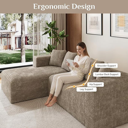Oversized L Shaped Boneless Sectional Couches for Living Room, 107" Comfy Fluffy Cloud Modular Sectional Sofa, Plush Corduroy Memory Foam Floor Sofa with Left Facing Chaise Couch
