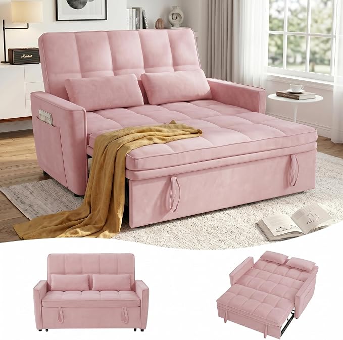 54'' Sleeper Sofa Bed, Convertible Pull Out Couch Futon for for Living Room,Apartment (Pink, Loveseat) Side Pockets, Velvet Fabric, Adjustable Backrest, Pull-Out Bed, Easy Assembly