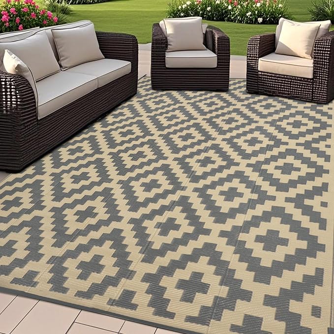 SAND MINE 6 x 9 Ft Reversible Mats, Plastic Straw Rug, Modern Area Rug, Large Floor Mat and Rug for Outdoors, RV, Patio, Backyard, Deck, Picnic, Beach, Trailer, Camping, Grey & Tan