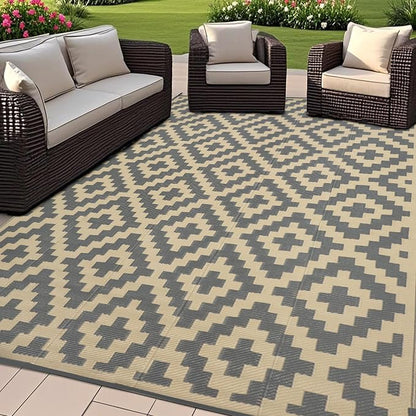 SAND MINE 6 x 9 Ft Reversible Mats, Plastic Straw Rug, Modern Area Rug, Large Floor Mat and Rug for Outdoors, RV, Patio, Backyard, Deck, Picnic, Beach, Trailer, Camping, Grey & Tan