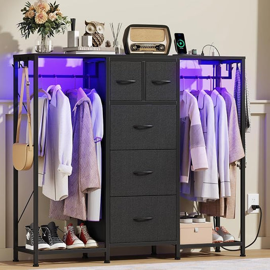 HIGDBFE 5-Drawer Dresser with 2 Hanging Racks, Black, 49.2" W | LED Lights&Charging Station, Hooks, Wooden Top, Fabric Drawer, Dresser TV Stand for Bedroom, Dorm