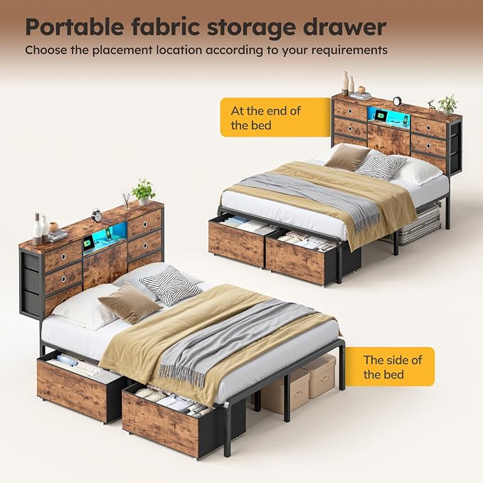 Homkdom Full Size Bed Frame with 8 Fabric Drawers Storage, LED Lights & Charging Station, Metal Platform Bed Frame with Headboard Storage Providing Noise-Free and Easy Assembly,Modern Brown