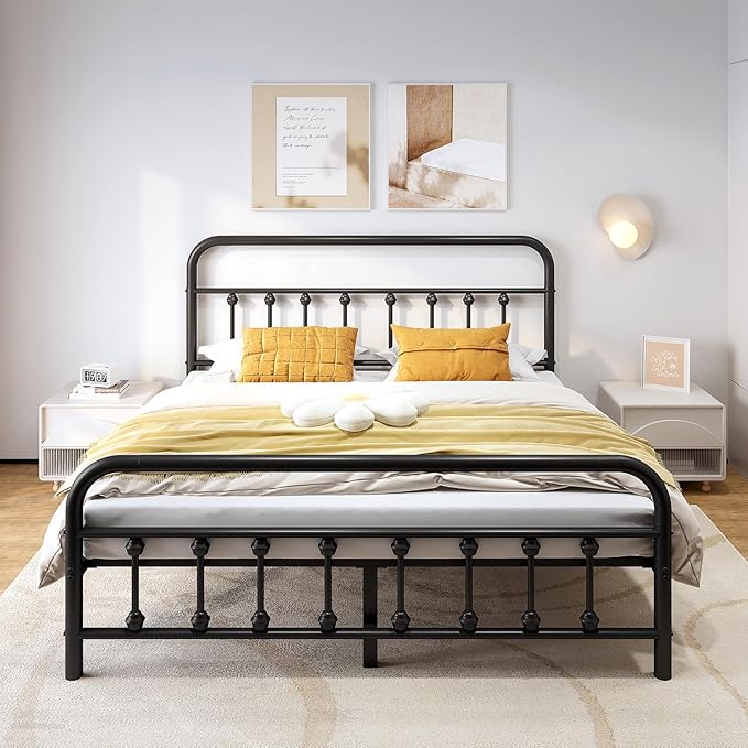 Vengarus King Metal Bed Frame with Victorian Headboard & Footboard, Black | 14" King Metal Platform Frame, Heavy Duty Steel Slat Support, Noise Free, No Box Spring Needed, Easy Disassembly & Transport