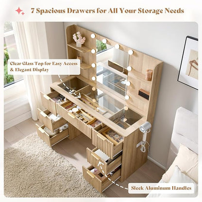 AMERLIFE 47.2" Fluted Vanity Desk with Mirror and Adjustable LED Lights, Large 7 Drawers Makeup Vanity Table with Glass Top and Charging Station for Women and Girls, Bedroom or Dorm, Natural Oak