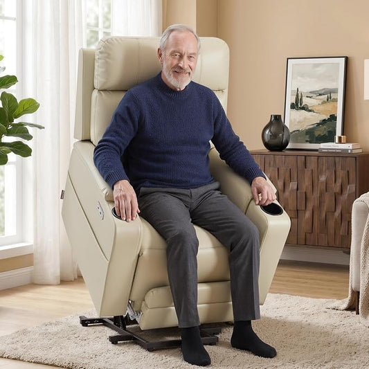 MCombo Lift Chair for Tall Man 6‘6’’, Dual Motor Power Lift Recliner Chair for Elderly, Lay Flat for Sleeping, Heat and Massage, USB & Type C, Faux Leather 7755 (Cream White)