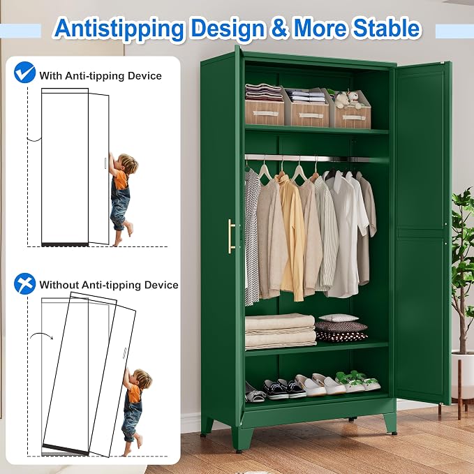 PAOFIN 71" Metal Armoire Wardrobe Closet, Bedroom Clothing Storage Cabinet with Hanging Rod, Freestanding Armoire Cabinet with Adjustable Shelves, Green