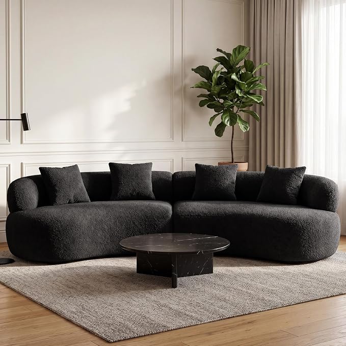 113" Curved Sectional Sofa Modern Cream Cloud Couch Modular Sectional Couches for Living Room Boneless Cloud Sofa Boucle Loveseat Comfy Chenille Deep Seat with 4 Pillows, Black