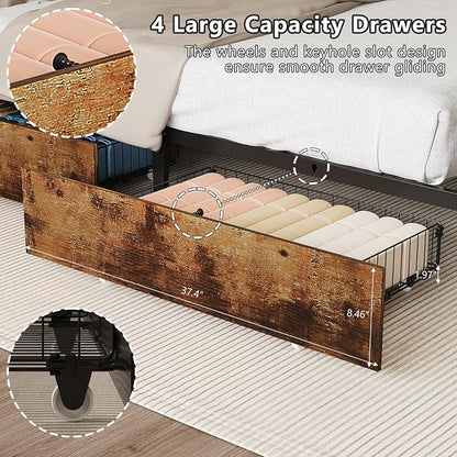 VINGLI Bed Frame Twin Size with 4 Storage Drawers and Storage Headboard, Metal Platform with Charging Station and LED Lights, No Box Spring Needed, Easy Assembly, Vintage Brown