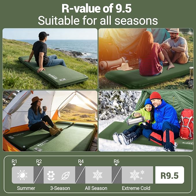 Elegear CumbreX™ Self Inflating Sleeping Pad, Built-in Electric Pump 3.15" Ultra-Thick Memory Foam Camping Mattress with Pillow Sleeping Pad for Camping R-Value 9.5 Foam Camping Pad Army Green Single