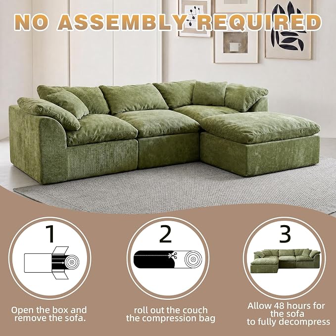 110" Boneless Cloud Couch Sectional for Living Room, Oversized Modular L Shaped Sofa with Ottoman, Deep Seat Chenille Sectional Couch for Cloud-Like Comfort (OliveGreen)