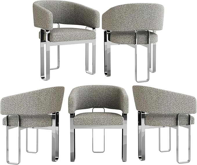 Grey Barrel Armchair, Boucle Dining Room Chairs, Modern Dining Chairs with Curved Backrest and Polished Chrome U-Shaped Legs, Set of 5